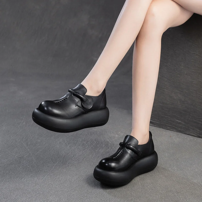 Women Retro Solid Leather Thick Soled Casual Shoes