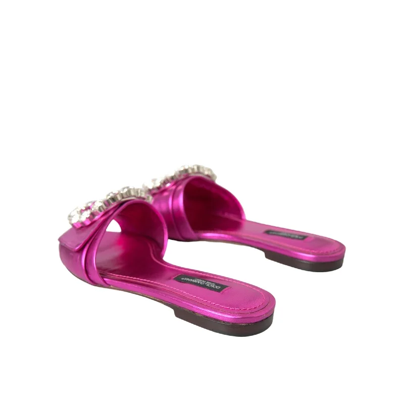 Dolce & Gabbana Fuchsia Crystal Leather Flats Sandals Women's Shoes (Pre-Owned)