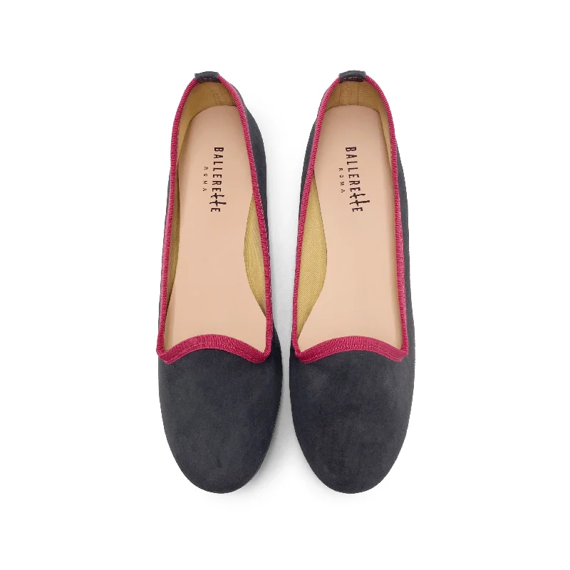 Women loafers in smoke grey suede and pink detail