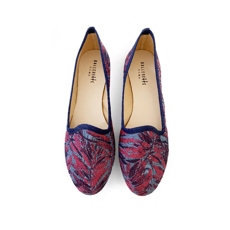 Blue and fuchsia jacquard loafers with tropical print