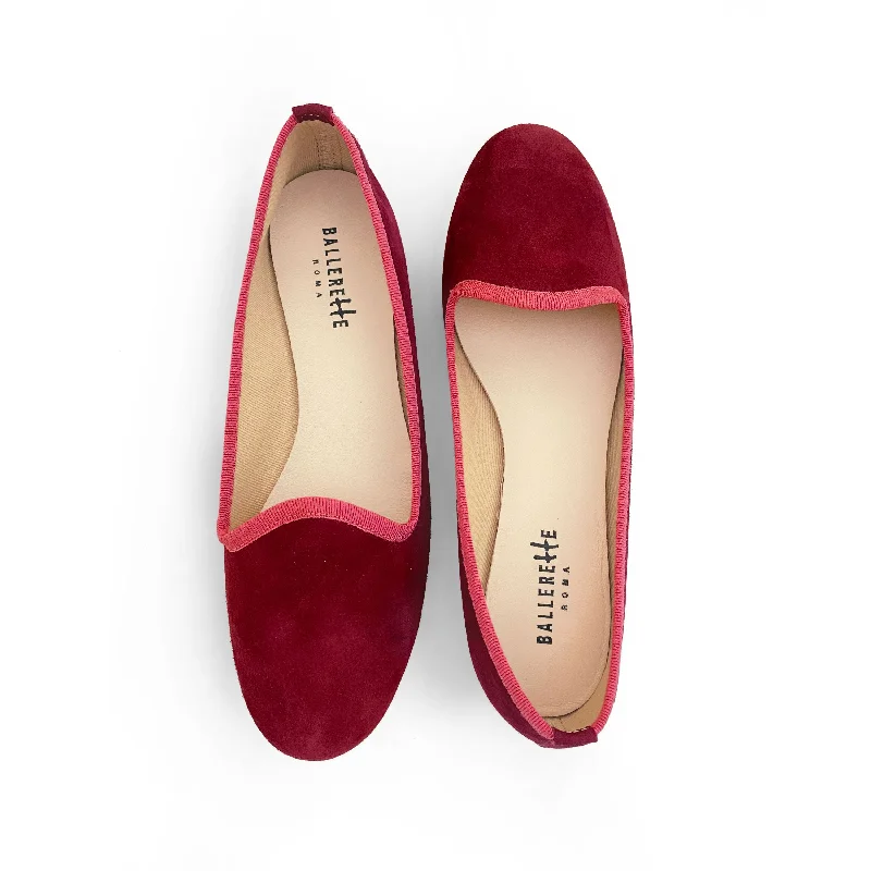 Bordeaux suede loafers with pink gros grain