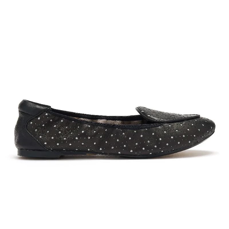 Clapham - Black Leather Flats with Silver Stars