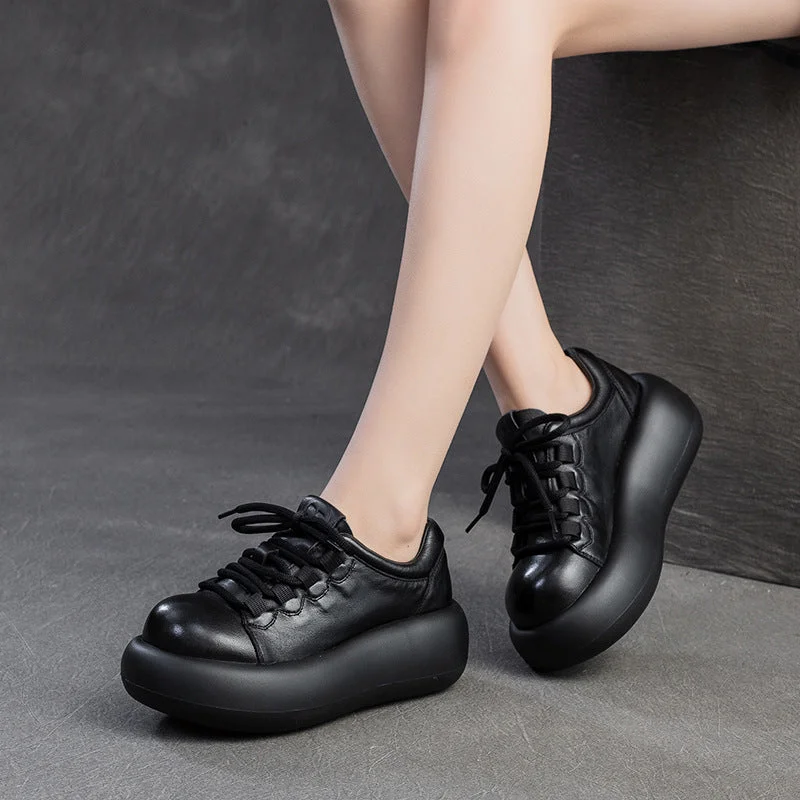 Women Retro Solid Leather Thick Soled Casual Shoes