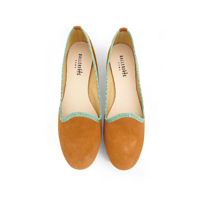 Tan suede women's loafers and green gros grain