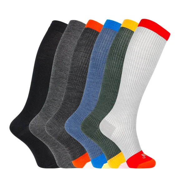 69% Rich Merino Wool Everyday Compression Socks (15-20mmHg) - Mock Rib - 6 Pack