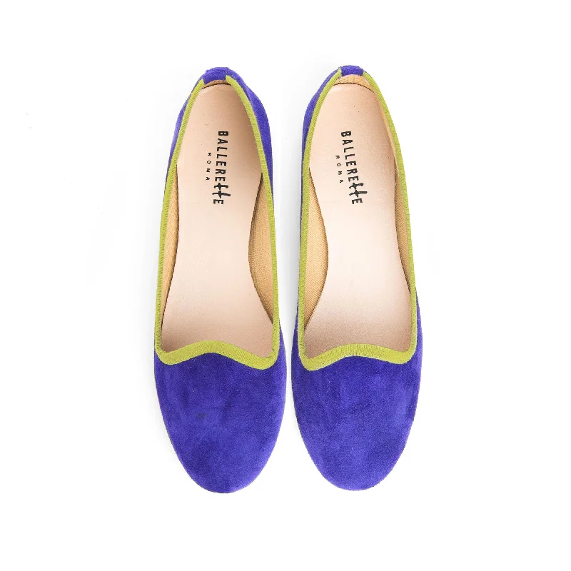 Purple suede loafers and green grosgrain