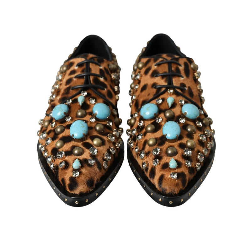 Dolce & Gabbana Brown Leopard Hair Crystal Dress Broque Women's Shoes