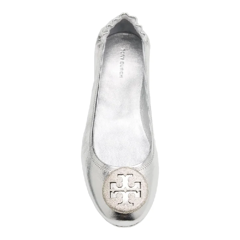 Tory Burch Women's Minnie Crinkle Leather Ballet Flats w/Pave Logo, Silver