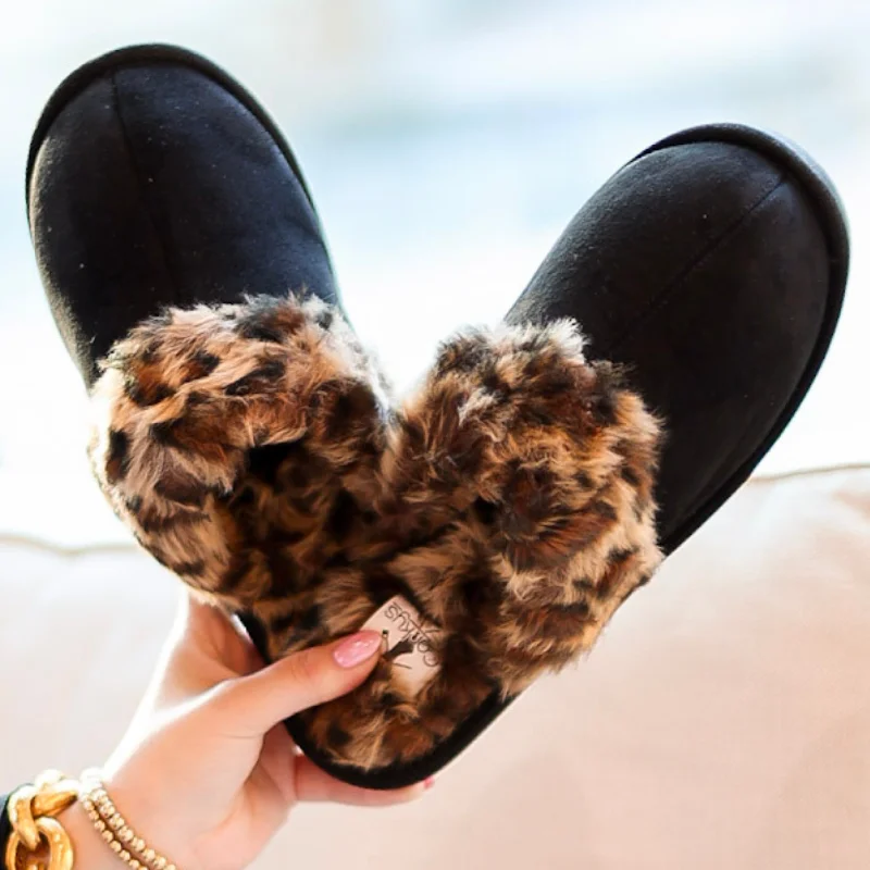 Corky's | Snooze Slide On Slippers with Leopard Furry Lining in Black