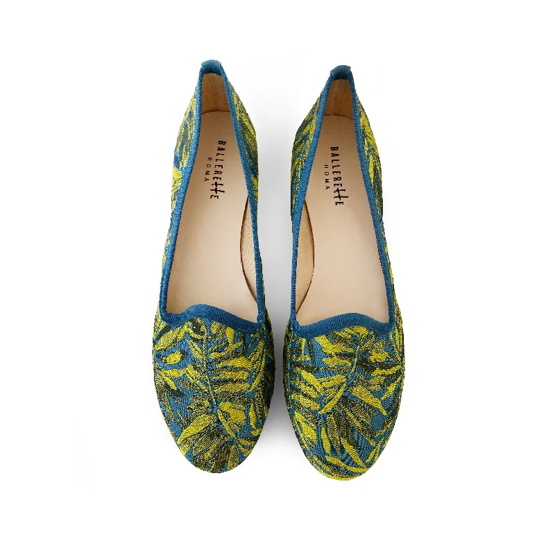 Blue and yellow jacquard loafers with tropical print