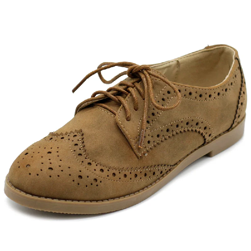 Ollio Women's Flat Shoe Wingtip Lace Up Faux Nubuck Oxford