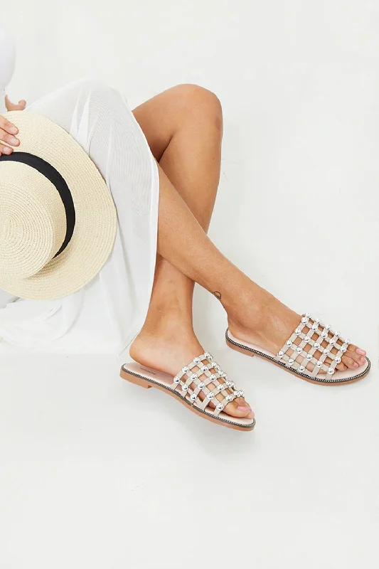 Nude PU Studded Caged Slider Sandals