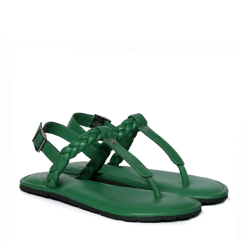 Weaved Loop Buckled T-Strap Green Genuine Leather Ladies Sandal by Brune & Bareskin