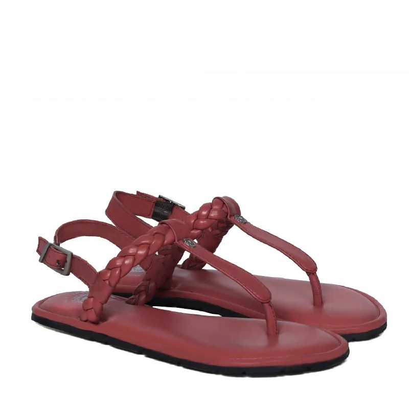 Weaved Loop Buckled T-Strap Pink Genuine Leather Ladies Sandal by Brune & Bareskin