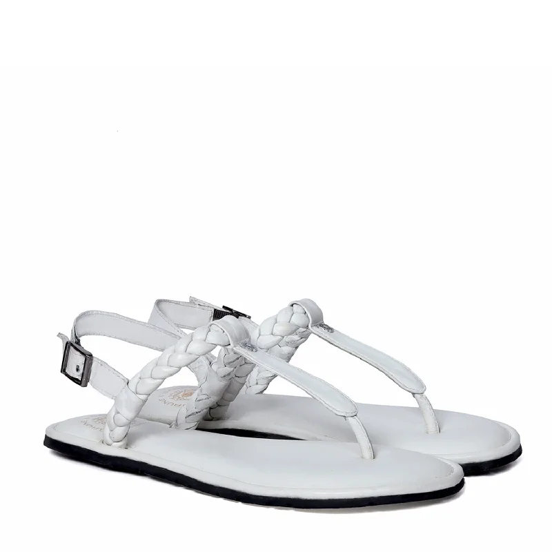 Weaved Loop Buckled T-Strap White Genuine Leather Ladies Sandal by Brune & Bareskin