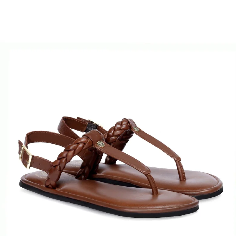 Weaved Loop T-Strap Golden Buckled Dark Brown Genuine Leather Ladies Sandal by Brune & Bareskin